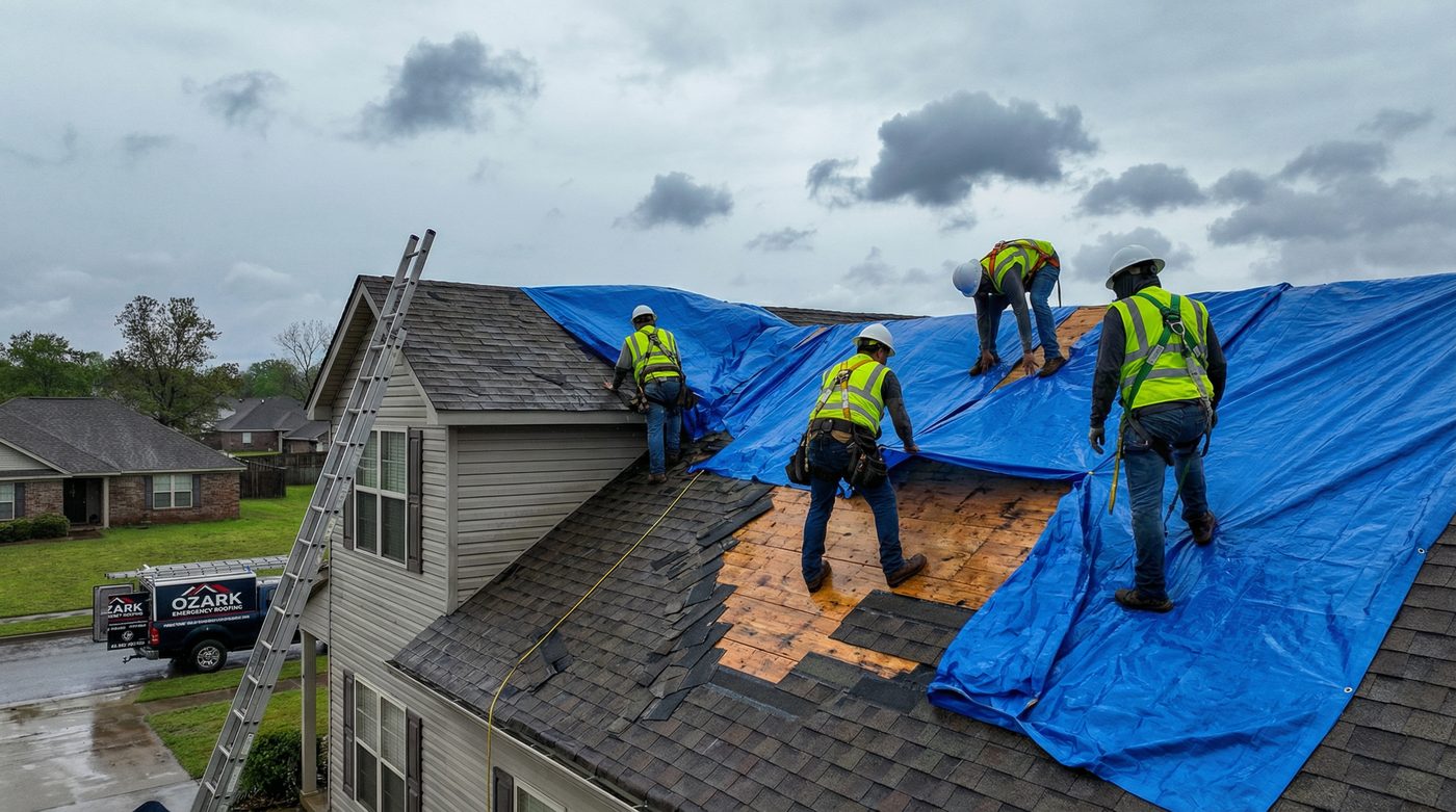 Emergency roof tarping crew working on storm-damaged home in Jacksonville AR