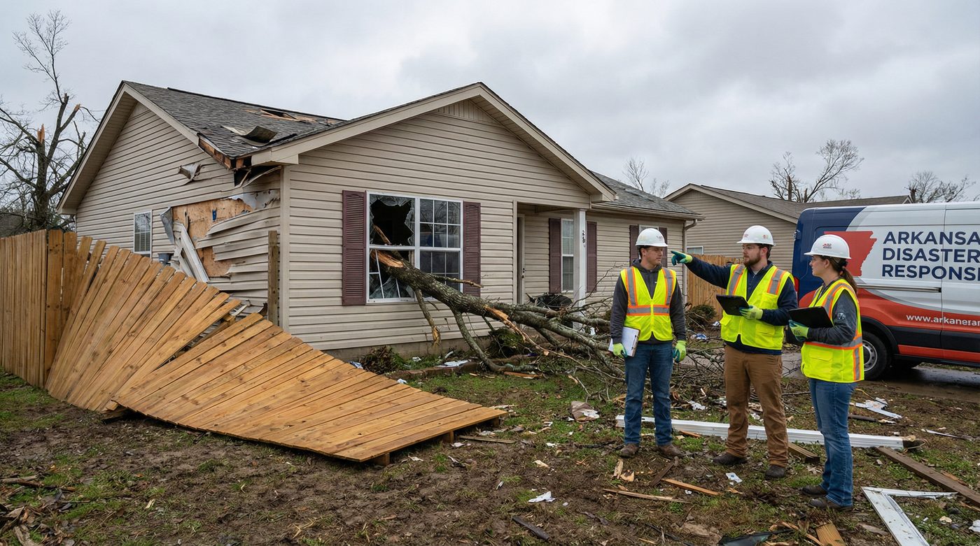 Wind damage restoration crew assessing damage in Jacksonville AR